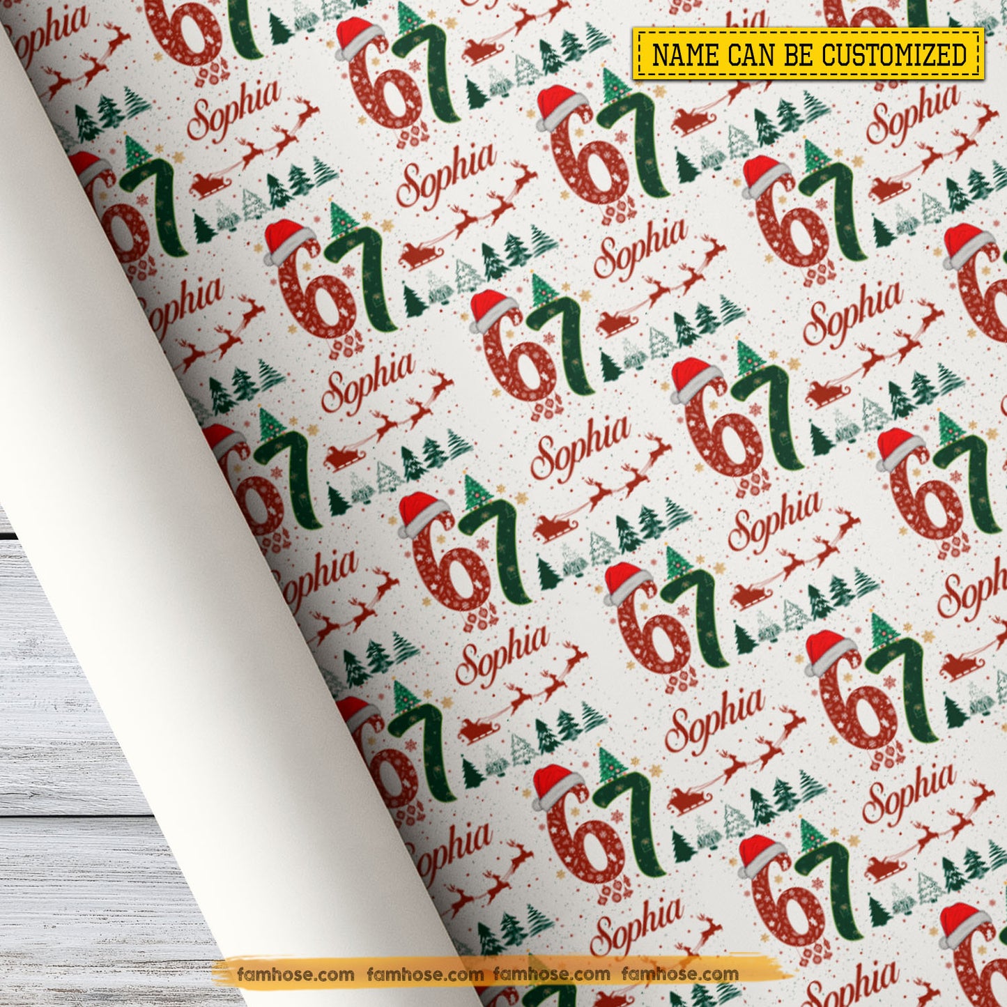 Personalized Christmas 67 Meme Wrapping Paper, Six Seven With Santa Riding Sleigh In White Background Wrapping Paper Rolls Xmas Gift