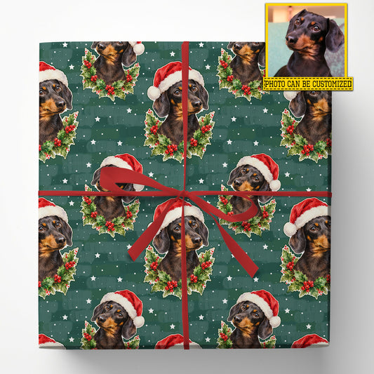 Personalized Christmas Dachshund Dog Wrapping Paper, Santa Hat & Holly Berry Wrapping Paper Rolls, Xmas Gift Wrap For Dog Lover