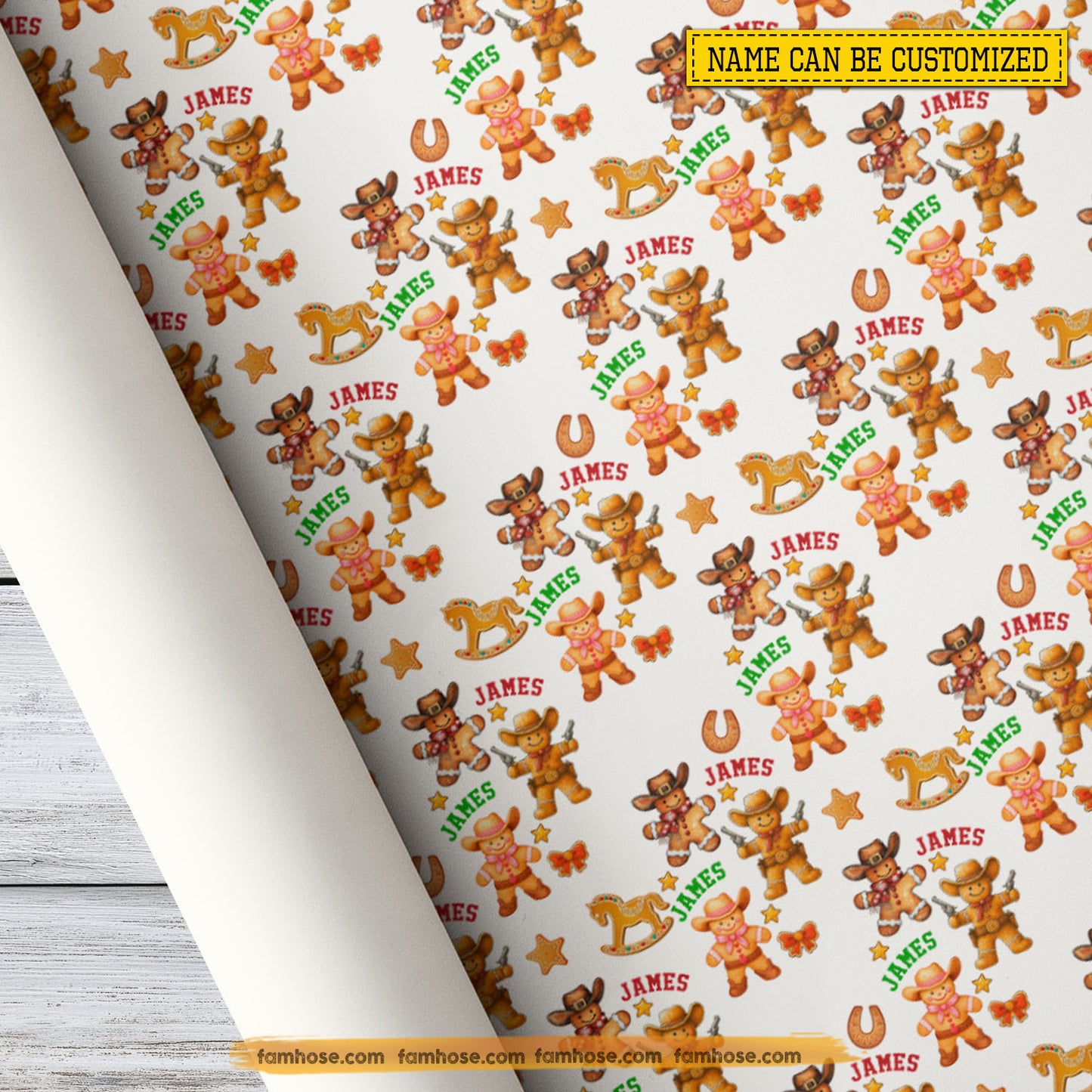 Personalized Christmas Cowboy Cake Wrapping Paper, Gingerbread Cowboy Man Wrapping Paper Rolls, Xmas Gift Wrap For Cowboy