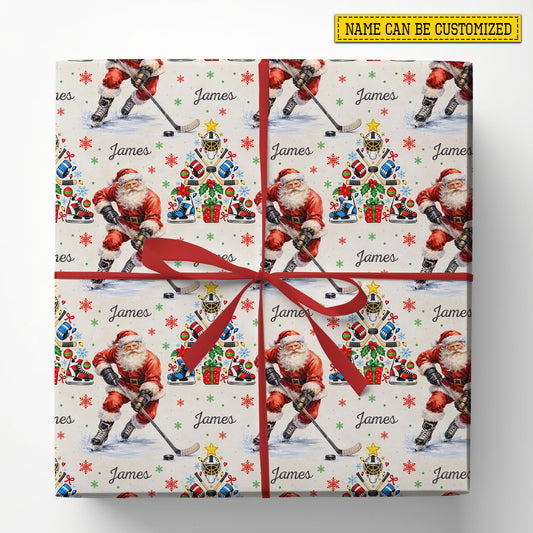 Personalized Christmas Hockey Wrapping Paper, Santa Playing Ice Hockey Sport Wrapping Paper Rolls, Xmas Gift Wrap For Hockey Lover
