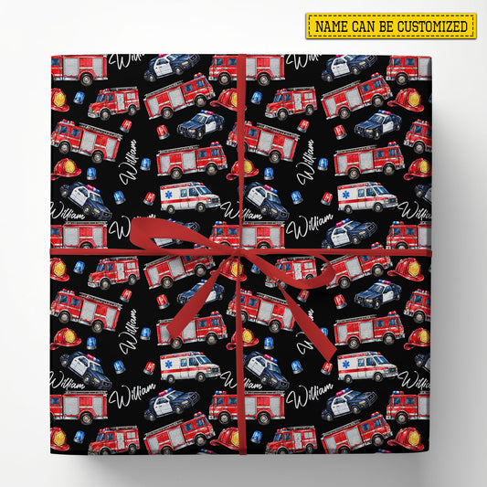 Personalized Emergency Vehicles Wrapping Paper, Fire Truck Police Car Ambulance Pattern Wrapping Paper Rolls, Gift Wrap For Emergency Vehicles Lover