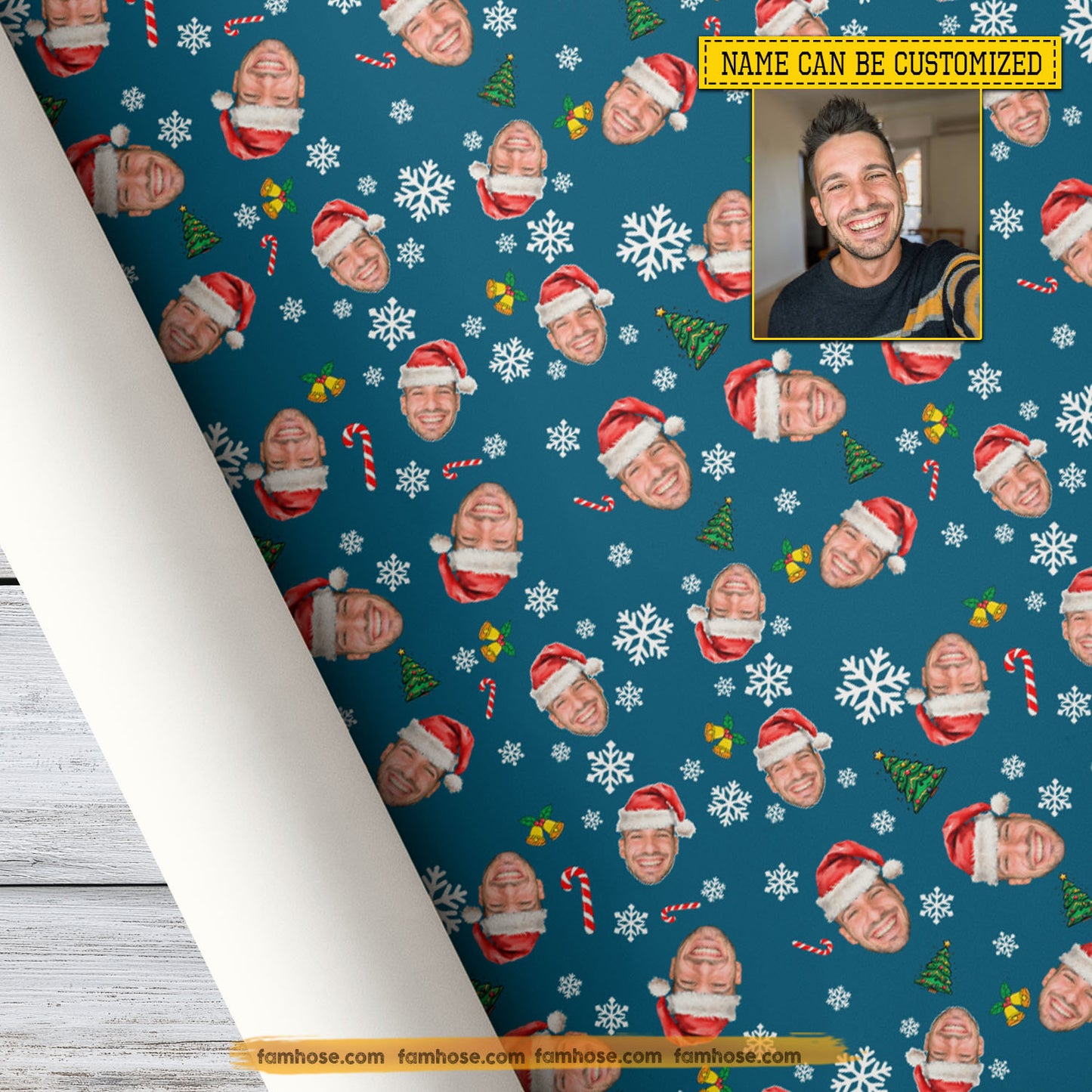 Personalized Christmas Wrapping Paper, Custom Yourself Wearing Santa Claus Hat In Dark Slate Blue Background Wrapping Paper Rolls Xmas Gift
