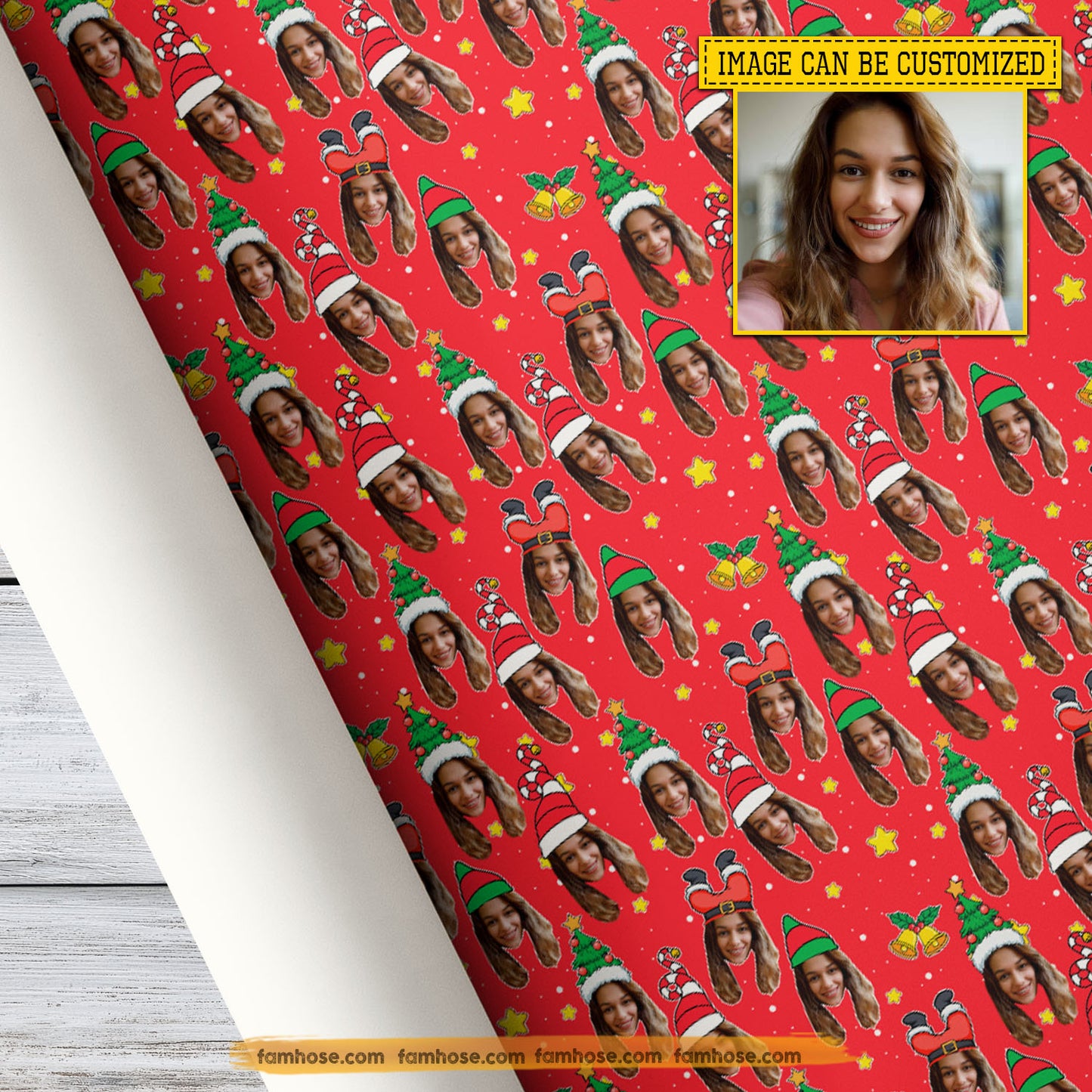 Personalized Christmas Tree Wrapping Paper, Funny Custom Yourself In Red Background Wrapping Paper Rolls Xmas Gift