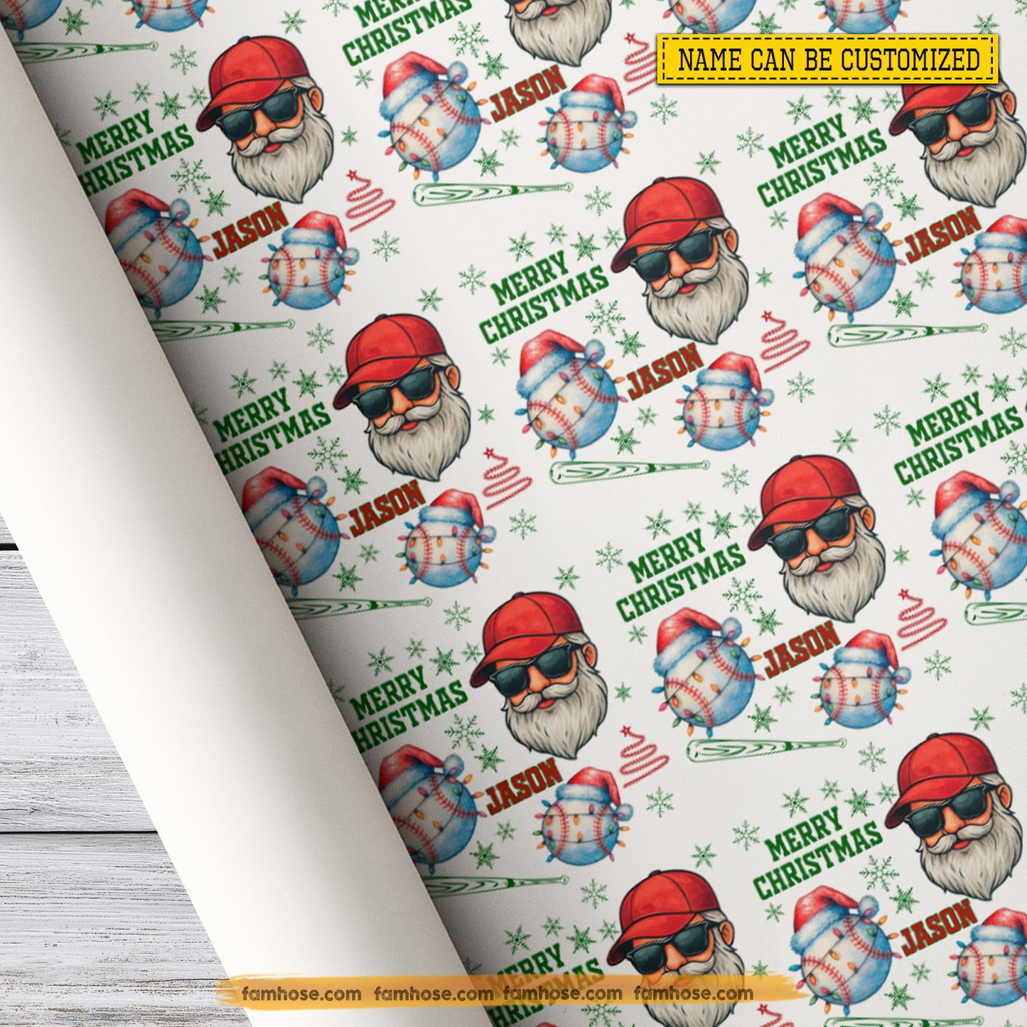 Personalized Christmas Baseball Wrapping Paper, Cool Santa And Baseball In White Background Wrapping Paper Rolls, Xmas Gift Wrap For Baseball Lover