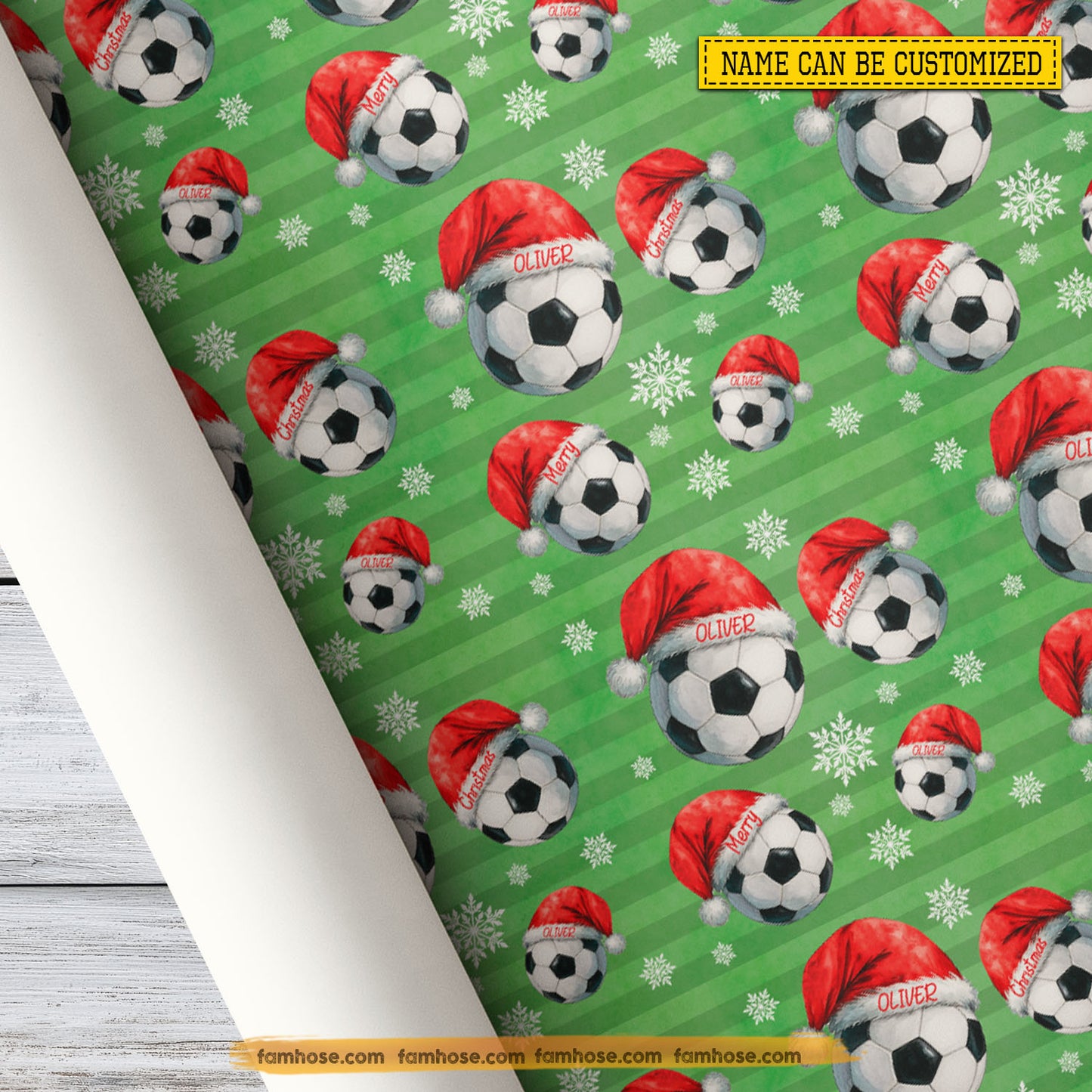 Personalized Christmas Soccer Wrapping Paper, Ball Wears Santa Hat In Light Green Background Wrapping Paper Rolls, Xmas Gift Wrap For Soccer Lover