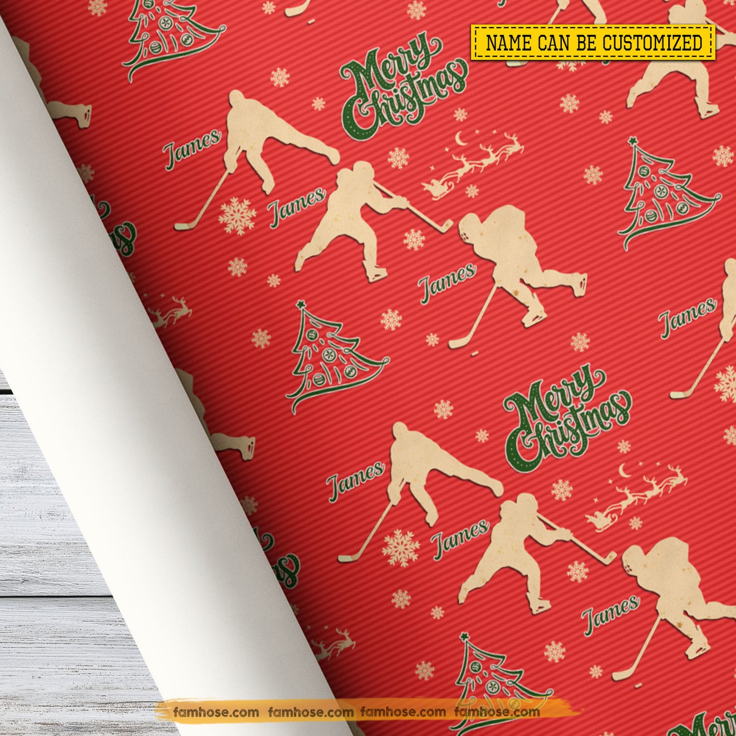 Personalized Christmas Hockey Wrapping Paper, Hockey Poses In Light Red Background Wrapping Paper Rolls, Xmas Gift Wrap For Hockey Lover