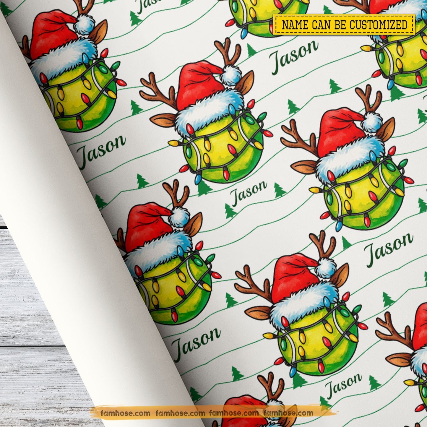 Personalized Christmas Tennis Wrapping Paper, Tennis Ball Wears Santa Hat In Light Green Background Wrapping Paper Rolls, Xmas Gift Wrap For Tennis Lover