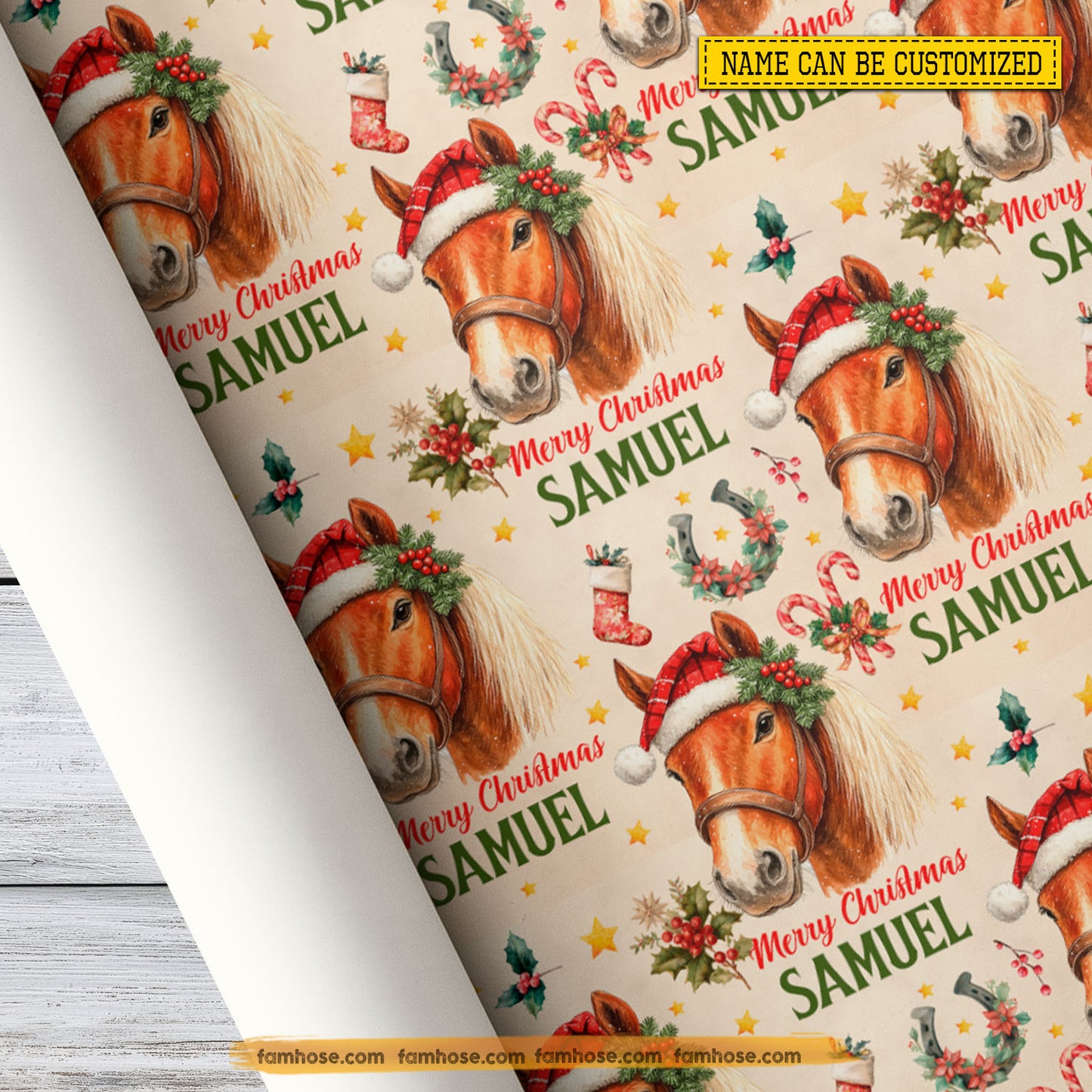 Personalized Christmas Horse Wrapping Paper, Elegant Horse Wears Santa Hat Wrapping Paper Rolls, Xmas Gift Wrap For Horse Lover