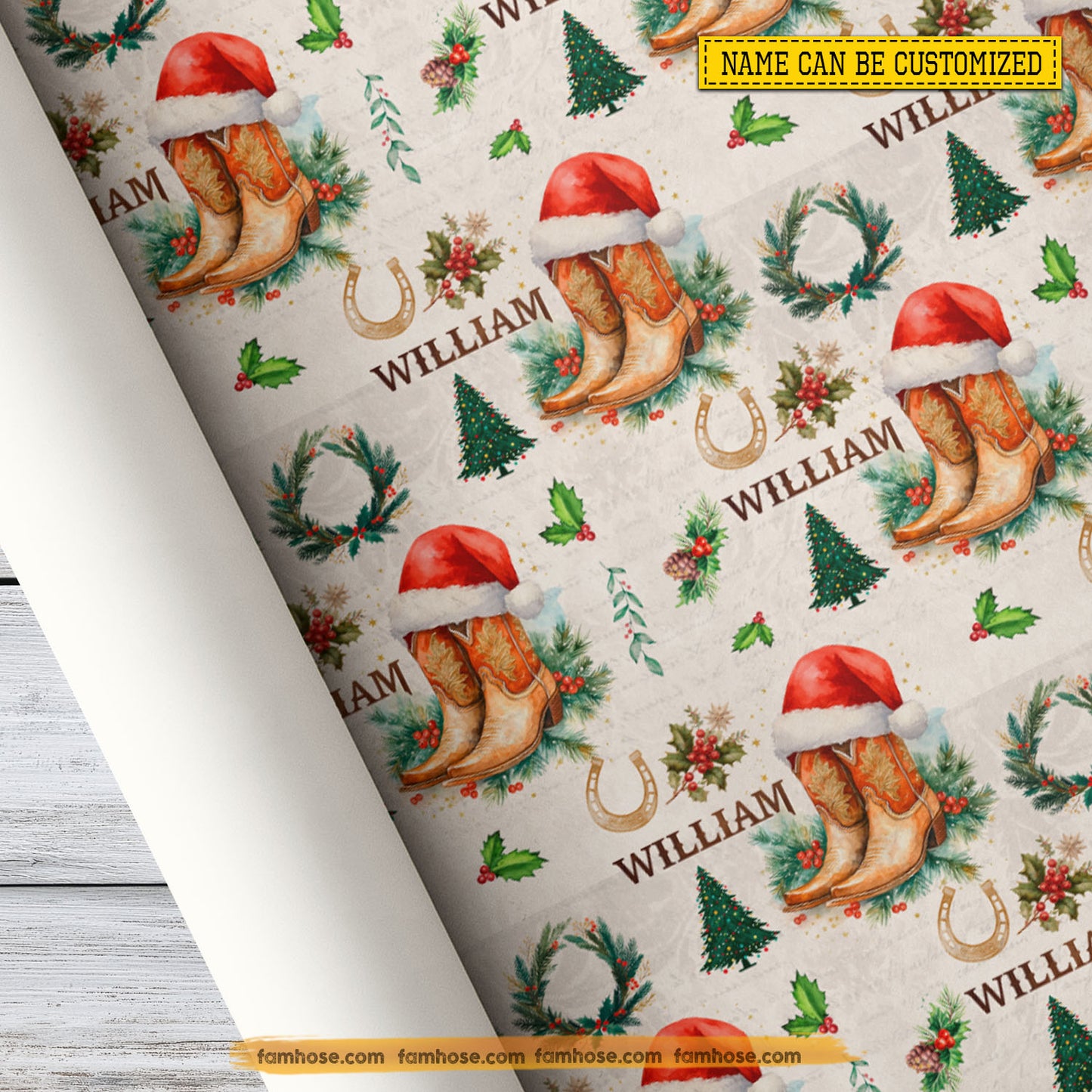 Personalized Christmas Cowboy Wrapping Paper, Cowboy Boots Wrapping Paper Rolls, Xmas Gift Wrap For Cowboy