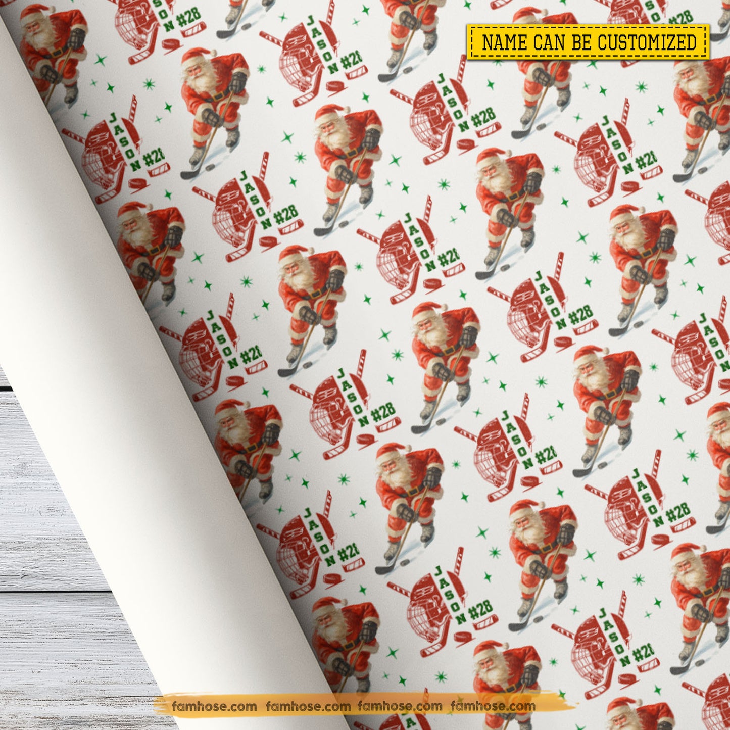 Personalized Christmas Hockey Wrapping Paper, Hockey Santa In White Background Wrapping Paper Rolls, Xmas Gift Wrap For Hockey Lover
