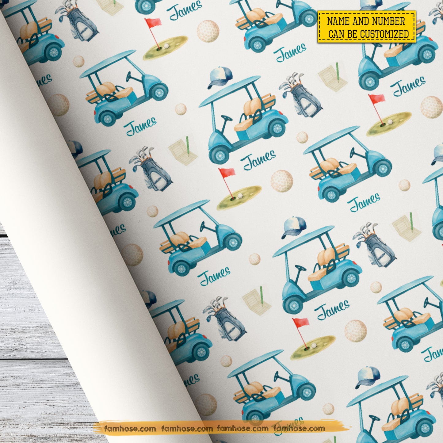 Personalized Christmas Golf Wrapping Paper, Golf Cart In White Background Wrapping Paper Rolls, Xmas Gift Wrap For Golf Lover