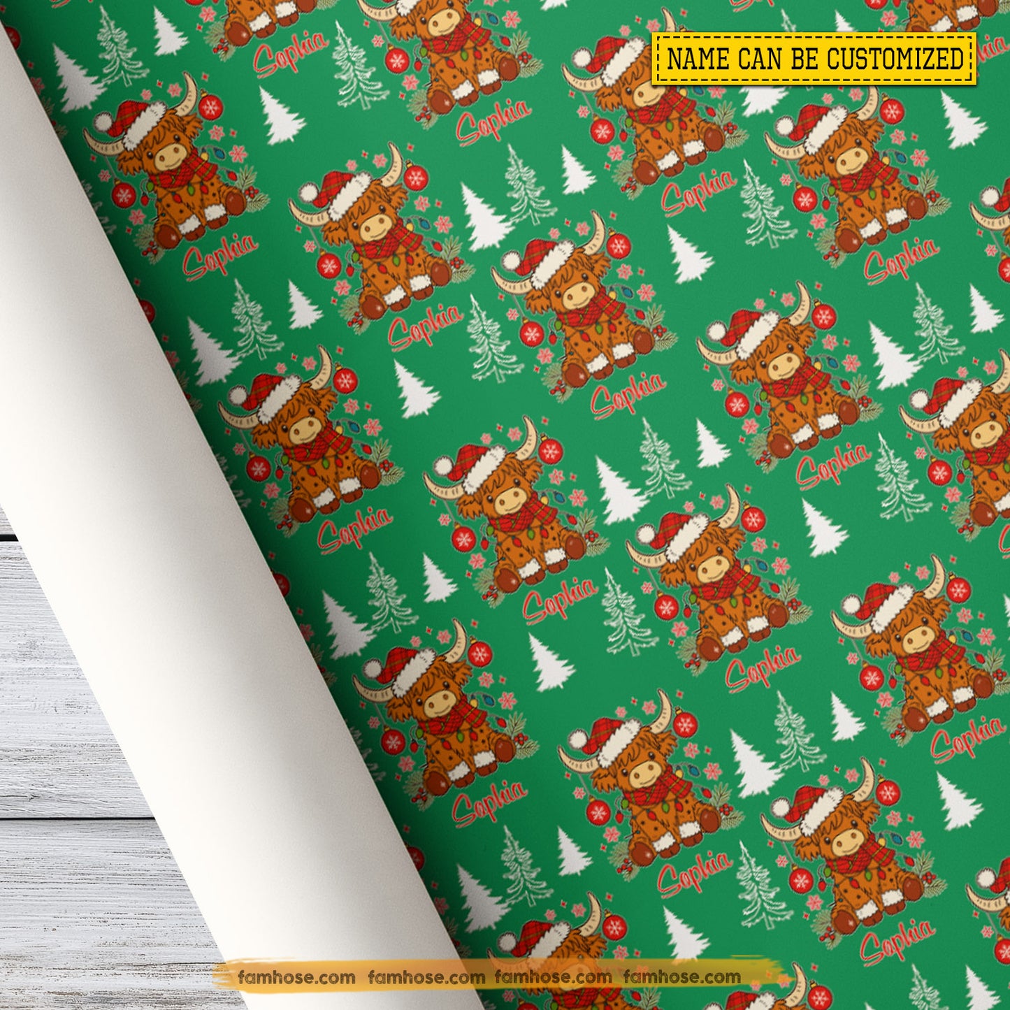 Personalized Christmas Cow Wrapping Paper, Adorable Highland Cow Wrapping Paper Rolls, Xmas Gift Wrap For Cow Lover