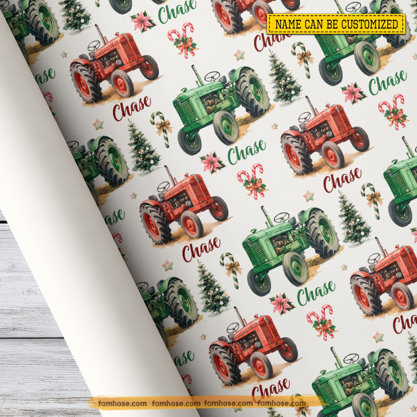 Personalized Christmas Tractor Wrapping Paper, Red & Green Tractor Wrapping Paper Rolls, Xmas Gift Wrap For Tractor Lover