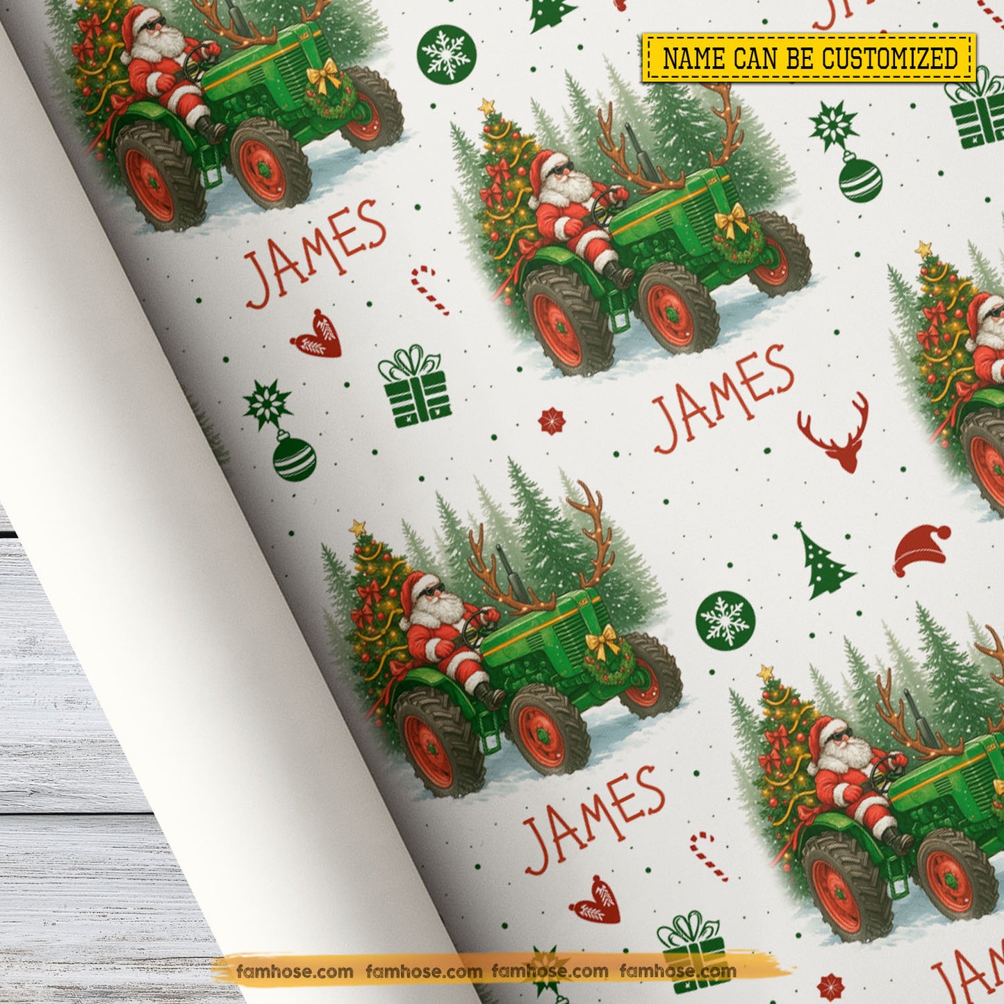Personalized Christmas Tractor Wrapping Paper, Santa Rides A Green Tractor Wrapping Paper Rolls, Xmas Gift Wrap For Tractor Lover