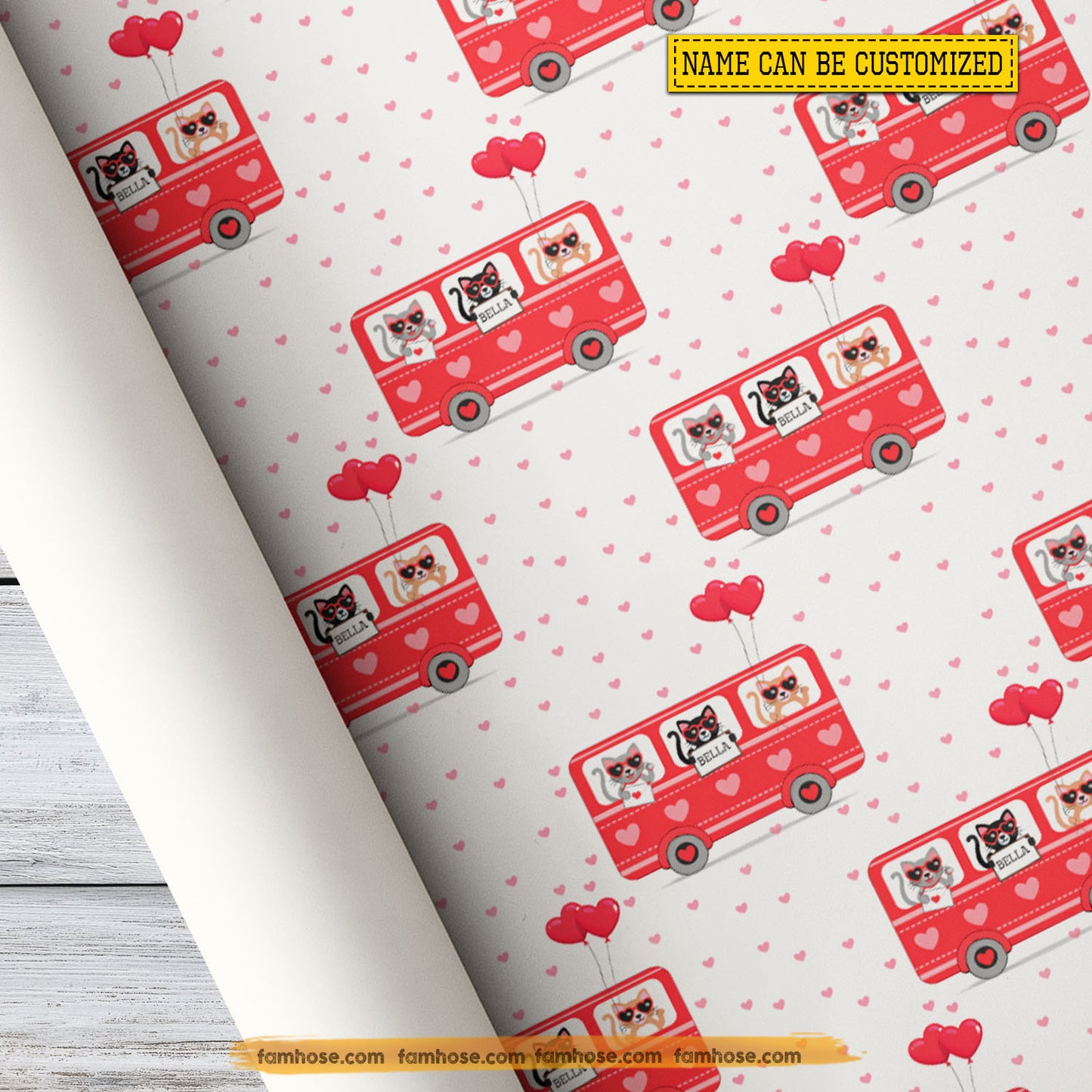 Personalized Valentine Cat Wrapping Paper, Adorable Cat Love Bus Wrapping Paper Rolls, Valentine Gift Wrap For Cat Lover