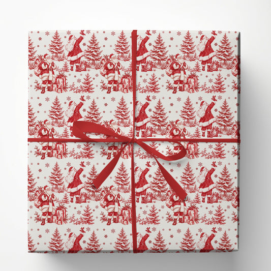 Vintage Christmas Santa Claus Wrapping Paper, Red And White Christmas Toile Pattern Wrapping Paper Rolls, Xmas Gift Wrap