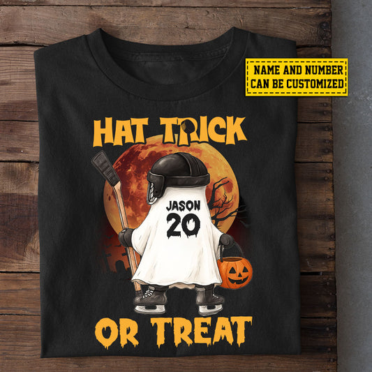 Funny Personalized Halloween Hockey Boo T-shirt, Hat Trick Or Treat Tees Spooky Season Gift For Hockey Lovers