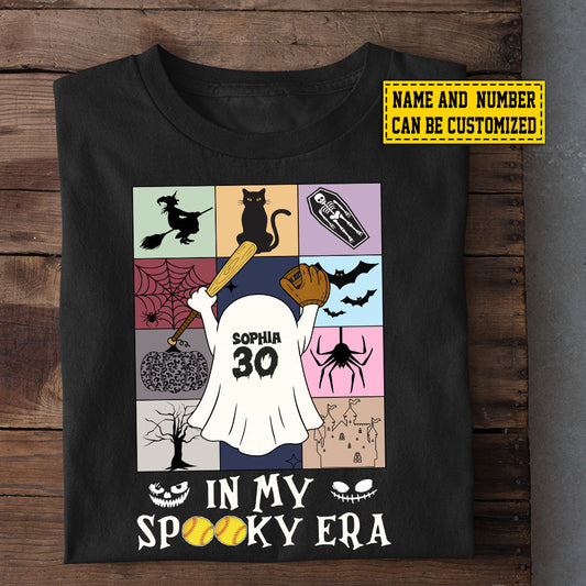 Personalized Halloween Softball Boo T-shirt, In My Spooky Era Tees Spooky Season Gift For Softball Lovers