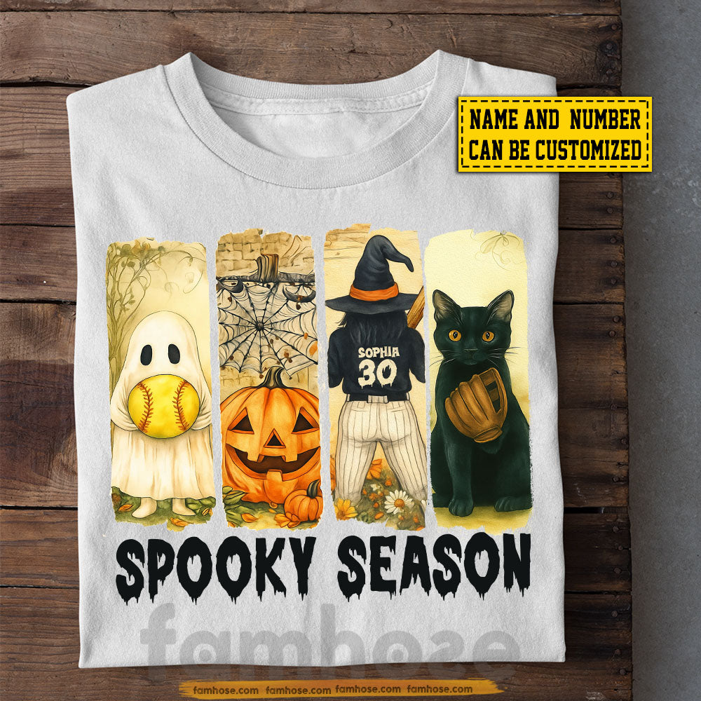 Personalized Halloween Softball Boo Cat T-shirt, Spooky Season Tees Gift For Softball Lovers