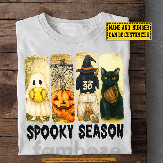 Personalized Halloween Softball Boo Cat T-shirt, Spooky Season Tees Gift For Softball Lovers