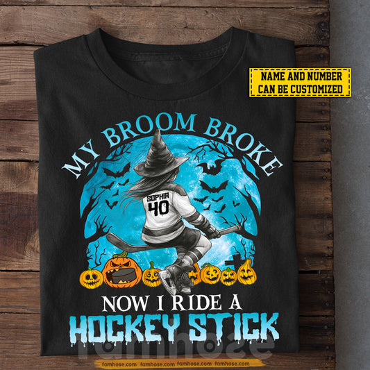 Funny Personalized Halloween Hockey Witch T-shirt, My Broom Broke Tees Spooky Season Gift For Hockey Lovers