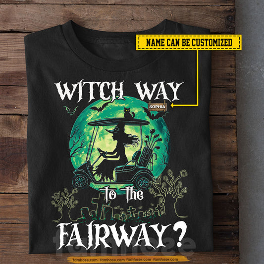 Personalized Halloween Golf Witch T-shirt, Witch Way To The Fairway Tees Spooky Season Gift For Golf Lovers
