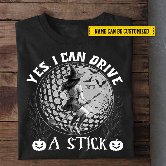 Personalized Halloween Golf Witch T-shirt, Yes I Can Drive A Stick Tees Spooky Season Gift For Golf Lovers