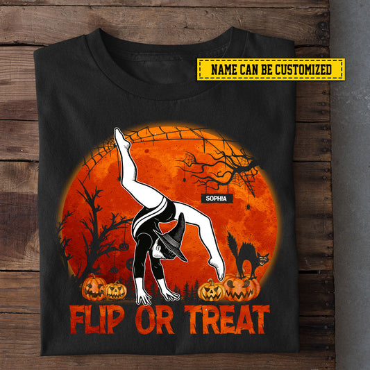 Funny Personalized Halloween Gymnastic Witch T-shirt, Flip Or Treat Tees Spooky Season Gift For Gymnastic Lovers
