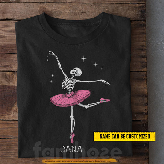 Personalized Halloween Ballet Skeleton T-shirt, Skeleton Ballerina Tees Spooky Season Gift For Ballet Lovers
