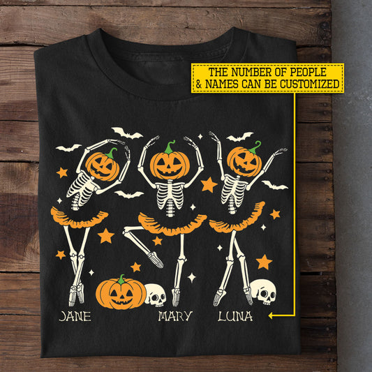 Personalized Halloween Ballet Skeleton T-shirt, Pumpkin Skeleton Ballerina Tees Spooky Season Gift For Ballet Lovers