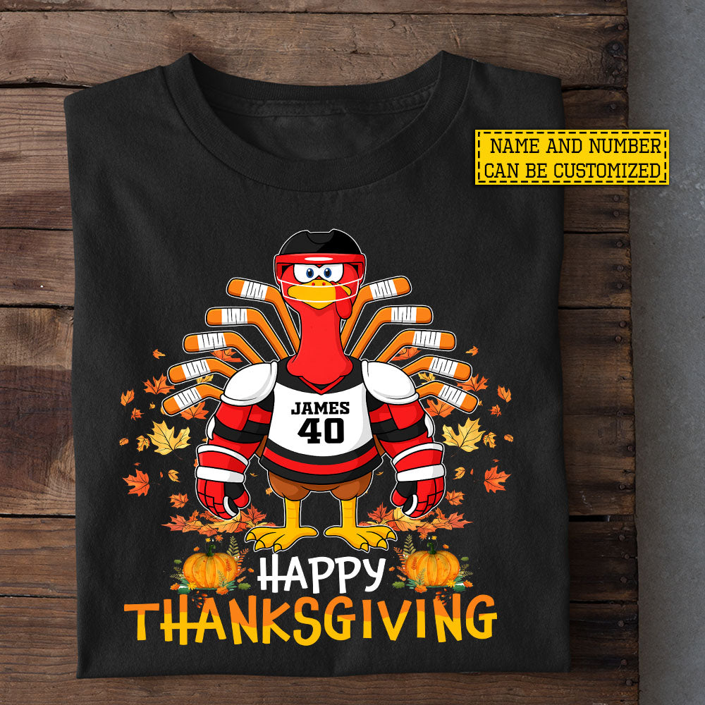 Personalized Thanksgiving Hockey T-shirt, Happy Thanksgiving Turkey Tees Gift For Hockey Lovers