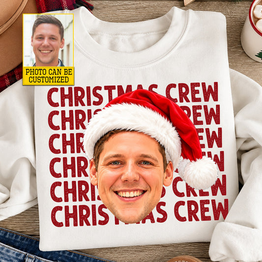 Funny Personalized Christmas Crew T-Shirt, Custom Photo Face With Santa Hat Tees Xmas Gift For Family Christmas Parties