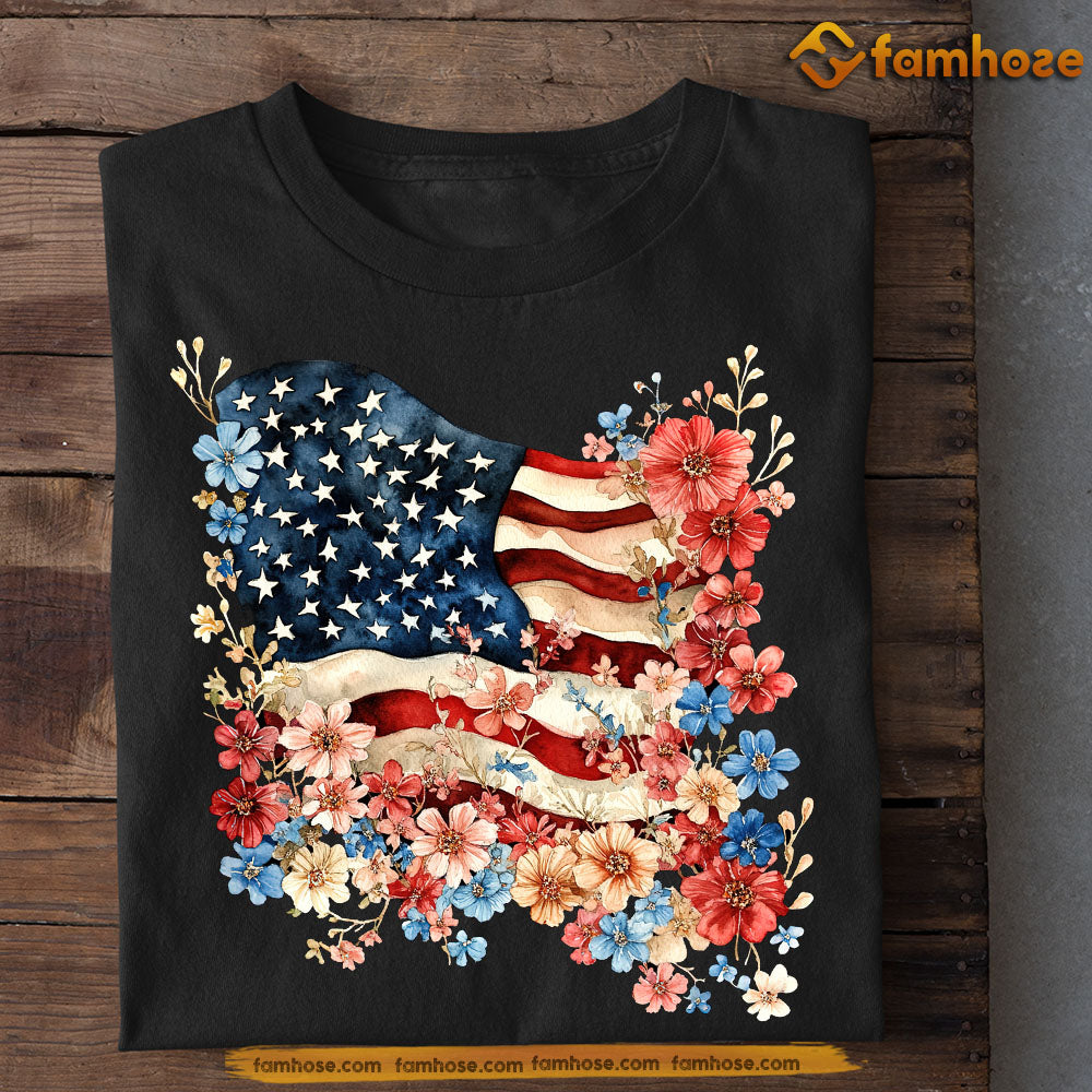 July 4th T-shirt, Floral American Flag Tees Gift For America Lovers