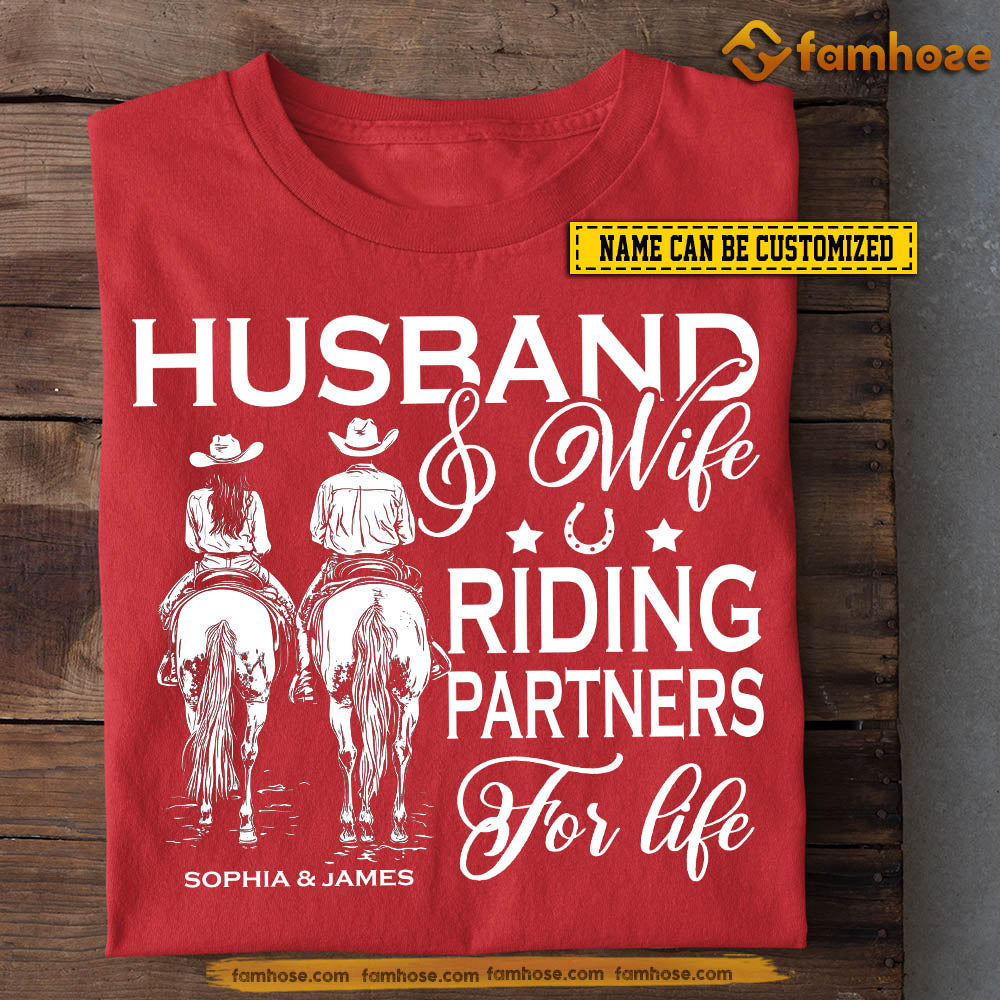Personalized Couple Horse Riding T-shirt, Riding Partners For Life Tees Valentine's Day Gift For Cowboys And Cowgirls, Rodeo Lovers