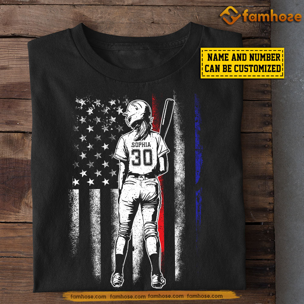 Personalized Softball Girl July 4th T-shirt, Patriotic Softball Girl Sport Tees Gift For Softball Lovers