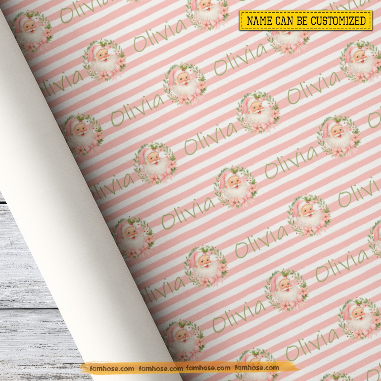 Personalized Christmas Wrapping Paper, Pink Santa Claus Smiles Wrapping Paper Rolls Gift