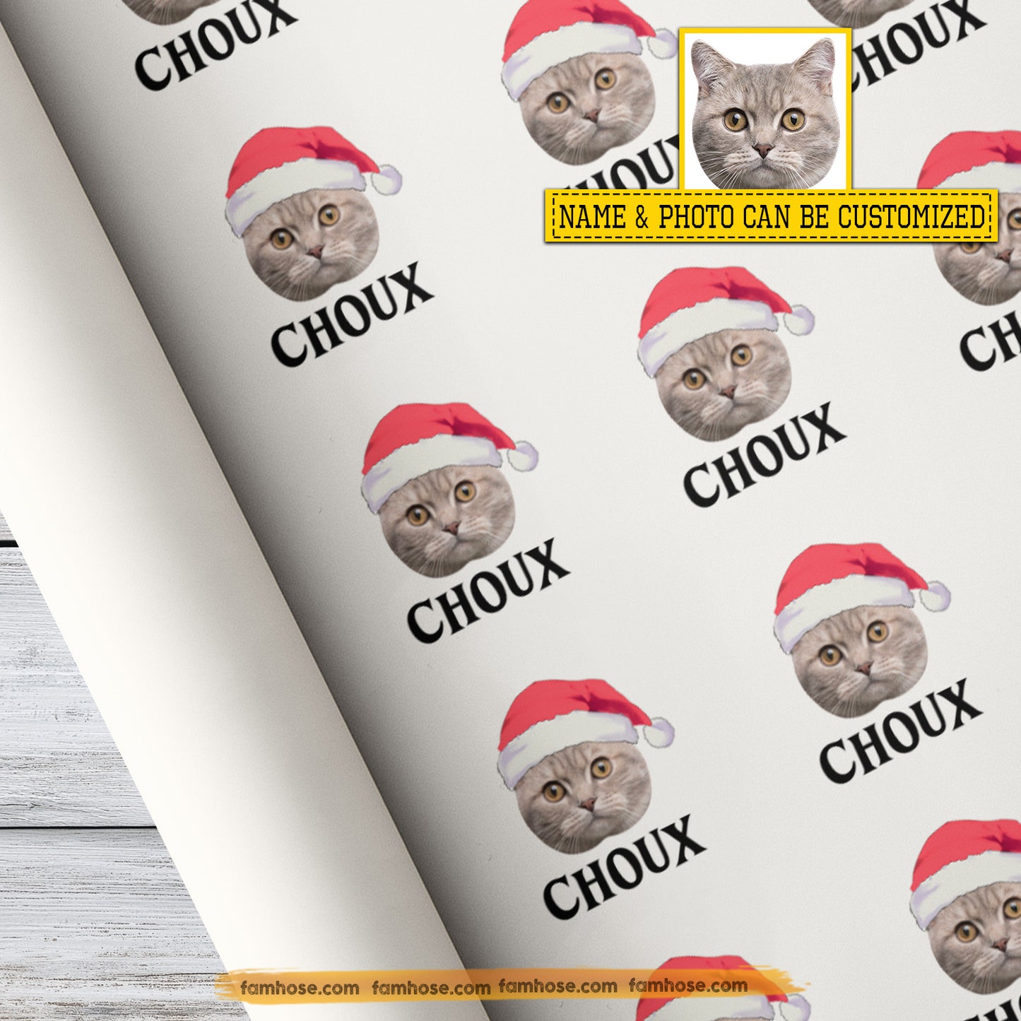 Personalized Christmas Cat Wrapping Paper, Custom Cat In Gray Background Wrapping Paper Rolls, Xmas Gift Wrap For Cat Lover