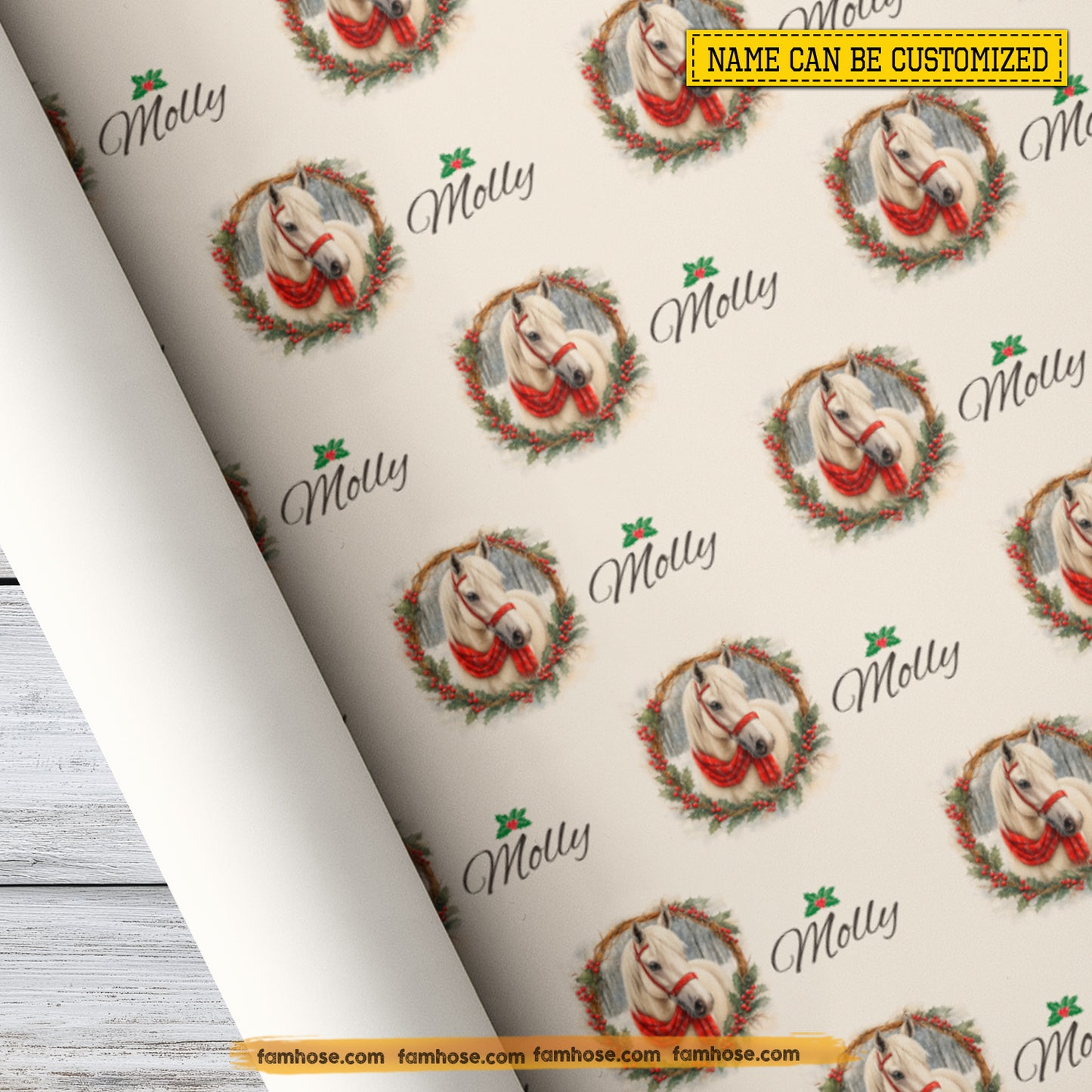 Personalized Christmas Horse Wrapping Paper, Elegant Horse Garland Wrapping Paper Rolls, Xmas Gift Wrap For Horse Lover
