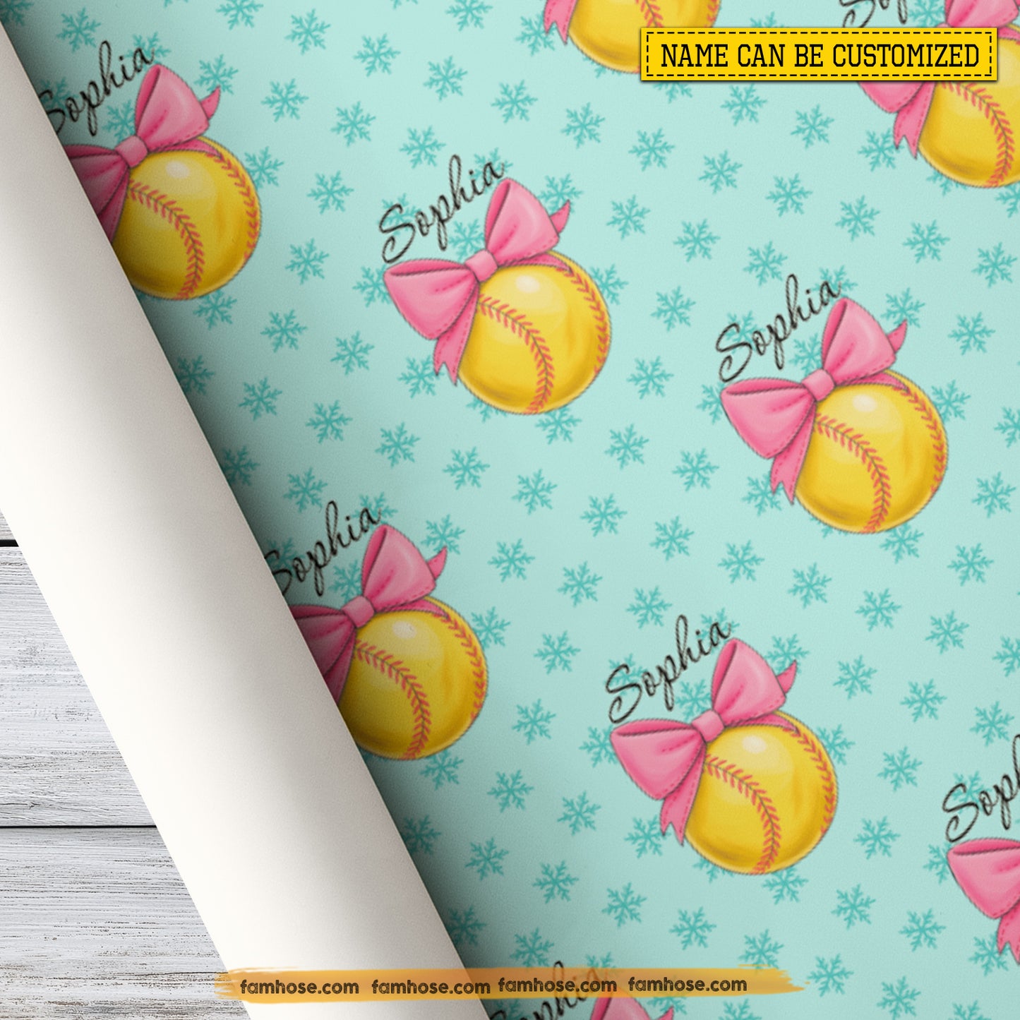 Personalized Softball Wrapping Paper, Softballs Wearing Bow Wrapping Paper Rolls, Gift Wrap For Softball Lover