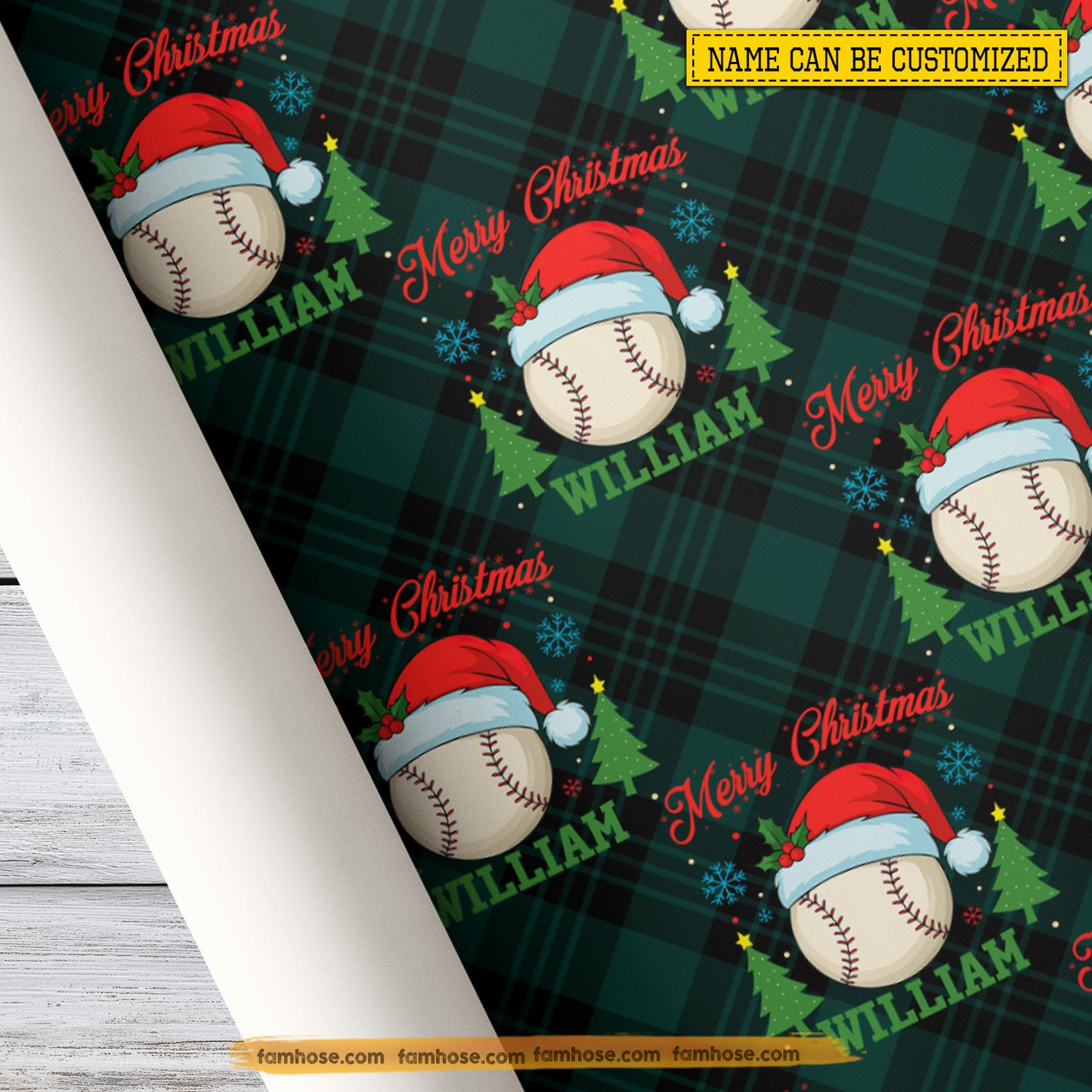 Personalized Christmas Baseball Wrapping Paper, Merry Christmas In Green Background Wrapping Paper Rolls, Xmas Gift Wrap For Baseball Lover