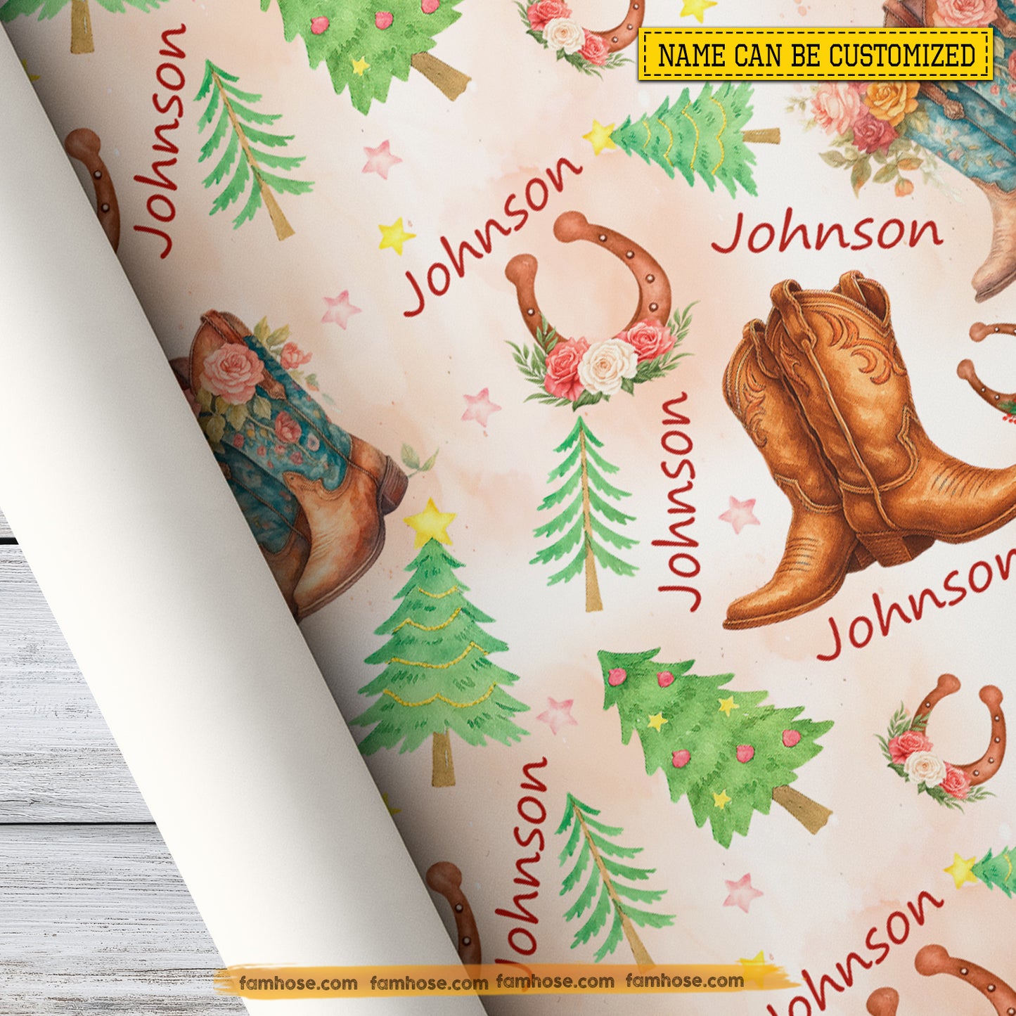 Personalized Christmas Cowboy Wrapping Paper, Cowboy Boots And Horse Shoes Wrapping Paper Rolls, Xmas Gift Wrap For Cowboy