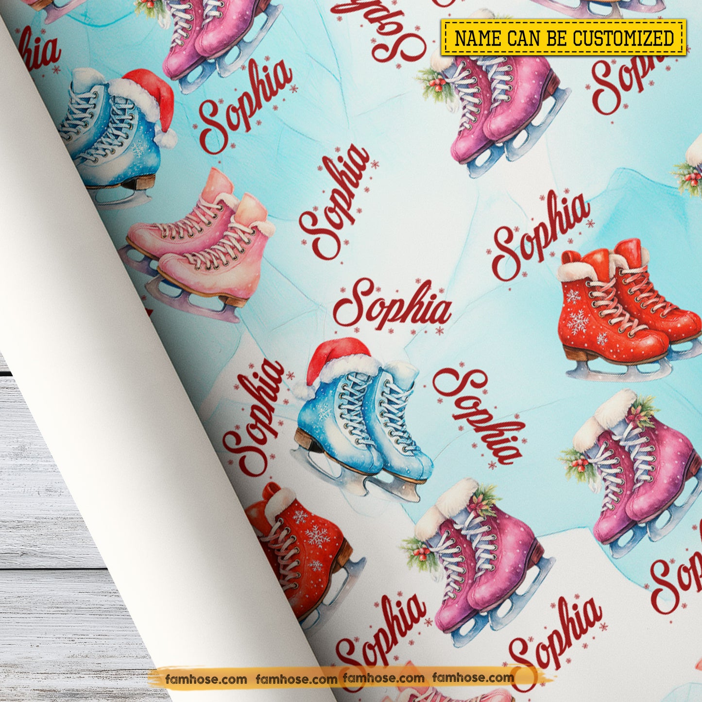 Personalized Christmas Ice Skating Wrapping Paper, Colorful Ice Skating Boots Wrapping Paper Rolls, Xmas Gift Wrap For Ice Skating Lover
