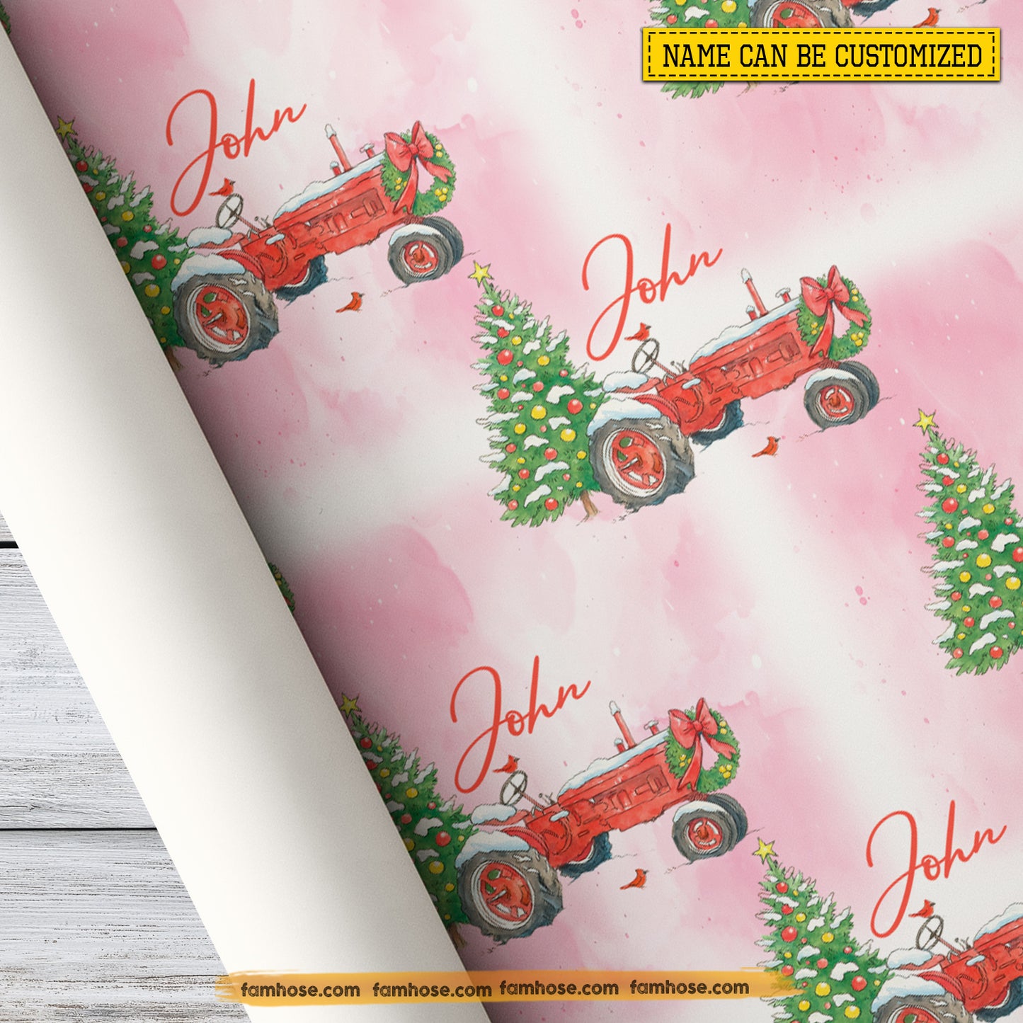 Personalized Christmas Wrapping Paper, Red Tractor In Pink Background Wrapping Paper Rolls Xmas Gift