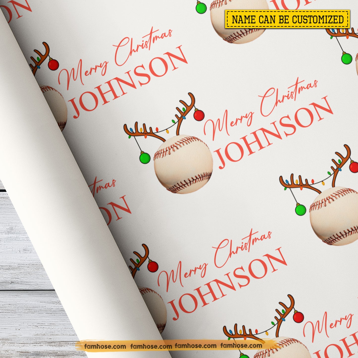 Personalized Christmas Baseball Wrapping Paper, Custom Sports In White Background Wrapping Paper Rolls, Xmas Gift Wrap For Baseball Lover