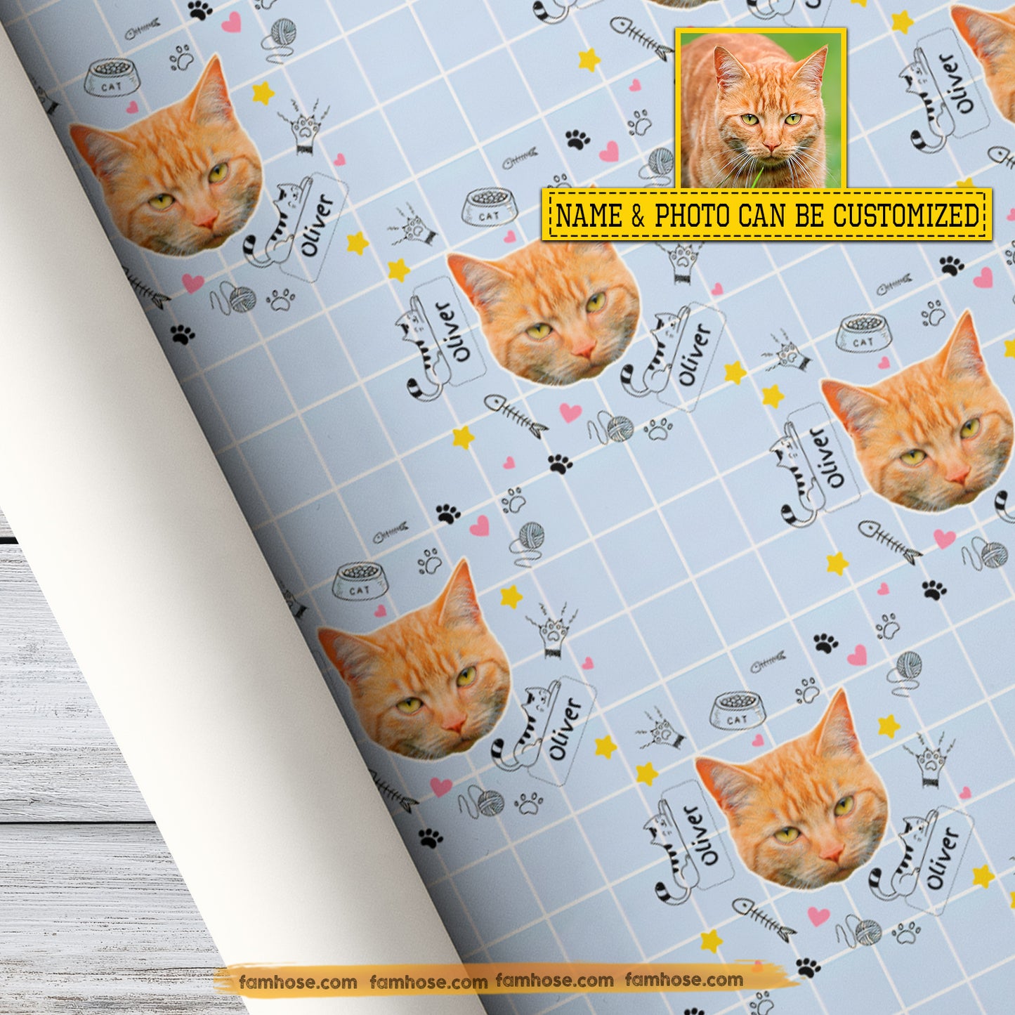 Personalized Christmas Cat Wrapping Paper, Custom Cat In Baby Blue Background Wrapping Paper Rolls, Xmas Gift Wrap For Cat Lover