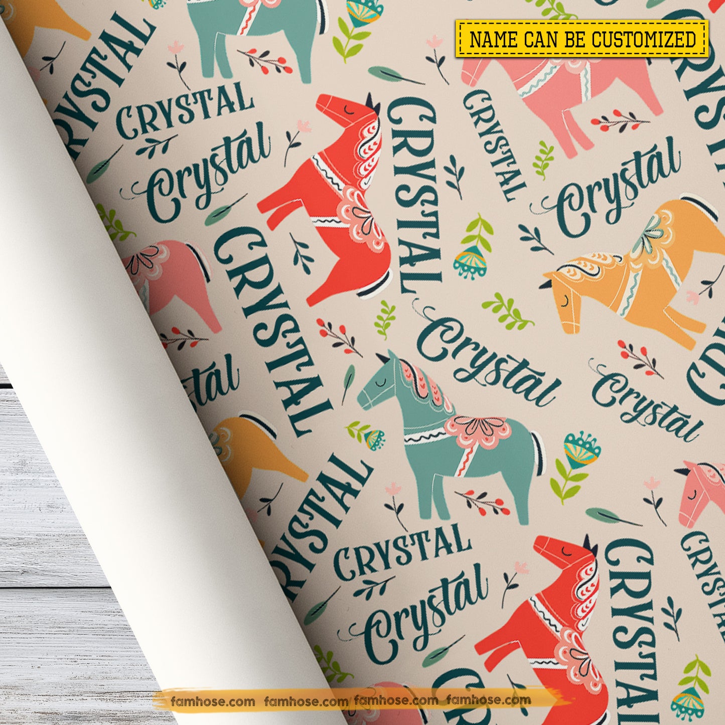 Personalized Horse Wrapping Paper, Whimsical Nordic Horses Wrapping Paper Rolls, Gift Wrap For Horse Lover
