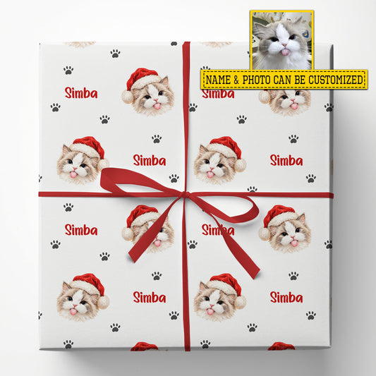Personalized Christmas Cat Wrapping Paper, Santa Paws Starring Your Cat Wrapping Paper Rolls, Xmas Gift Wrap For Cat Lover