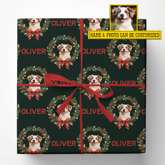 Personalized Christmas Dog Wrapping Paper, Wreathed In Woofs Wrapping Paper Rolls, Xmas Gift Wrap For Dog Lover