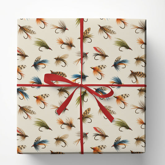 Vintage Fly Fishing Wrapping Paper, Trout Fishing Flies And Lures Pattern Wrapping Paper Rolls, Gift Wrap For Fly Fishing Lover