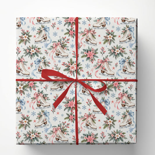 Figure Skating Wrapping Paper, Floral Ice Skates And Snowflakes Pattern Wrapping Paper Rolls, Gift Wrap For Ice Skating Lover